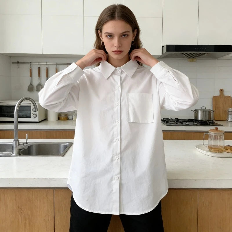 E-BAIHUI Women's White Shirt Solid Color Famale Shirts Spring Versatile Ladies Blouses