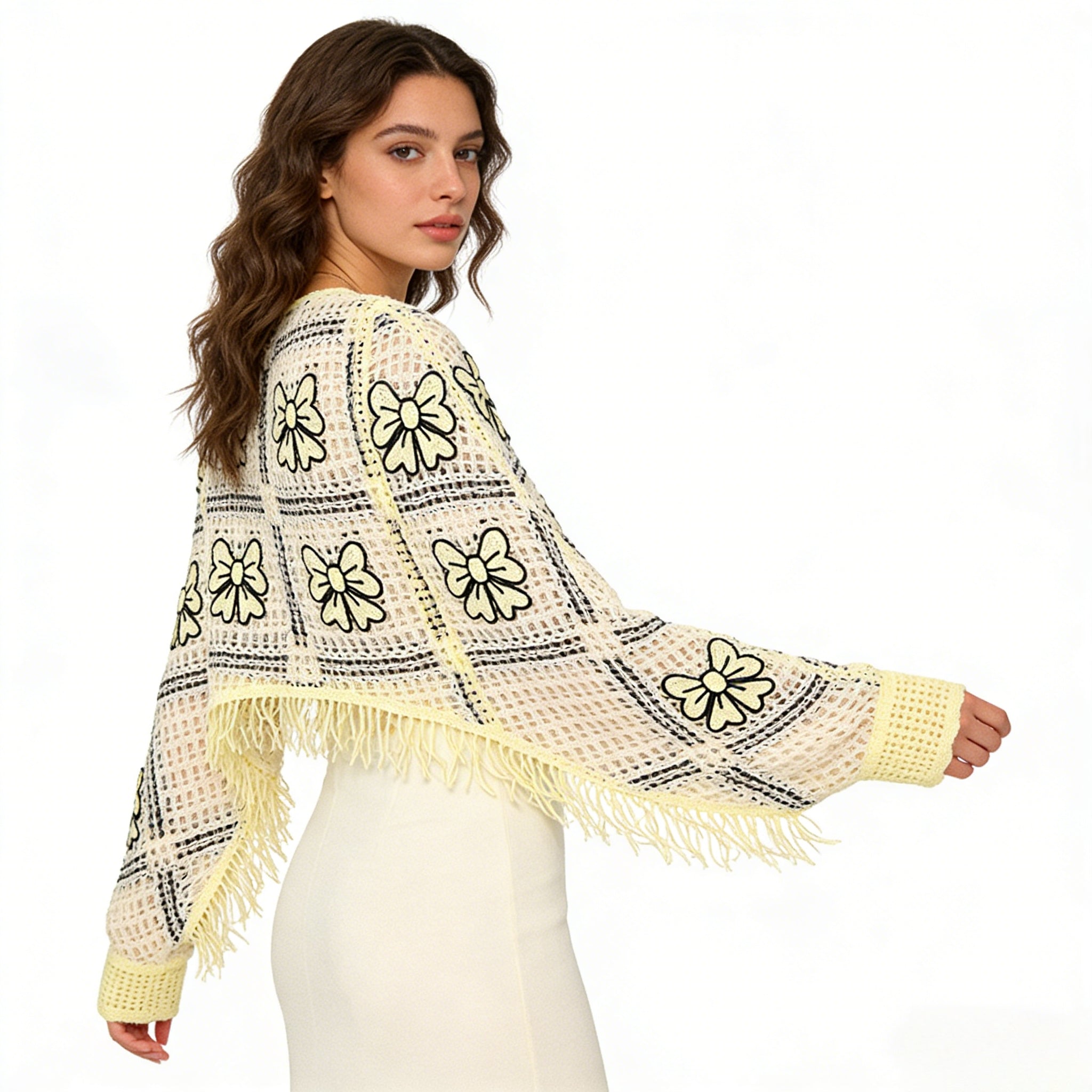 Women's Cropped Knit Top Mesh Long Sleeve Sweater with Fringe Hem Y2K Aesthetic Boho Summer Beach Cover Up