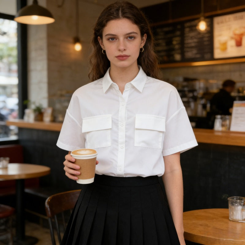 E-BAIHUI Short Sleeve Blouse Women White Lapel Casual Pockets Shirts Loose Basic Lady Top