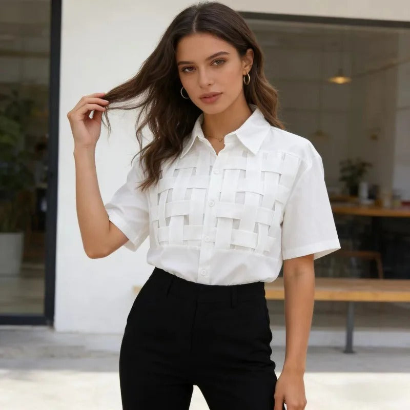 E-BAIHUI Short Sleeved Women's Shirt Woven Button Down White Shirts Summer Front Open Ladies Blouse