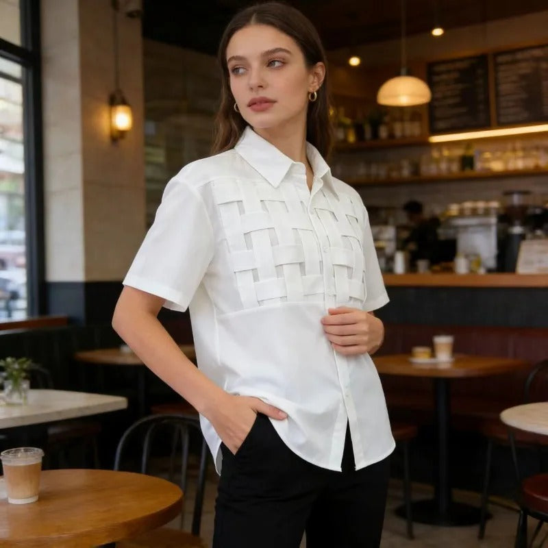 E-BAIHUI Short Sleeved Women's Shirt Woven Button Down White Shirts Summer Front Open Ladies Blouse