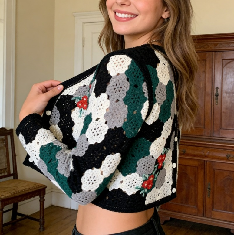 Bohemian Women‘s Cardigan Floral Embroidered Knit Sweater Long Sleeve Open Front Knitwear