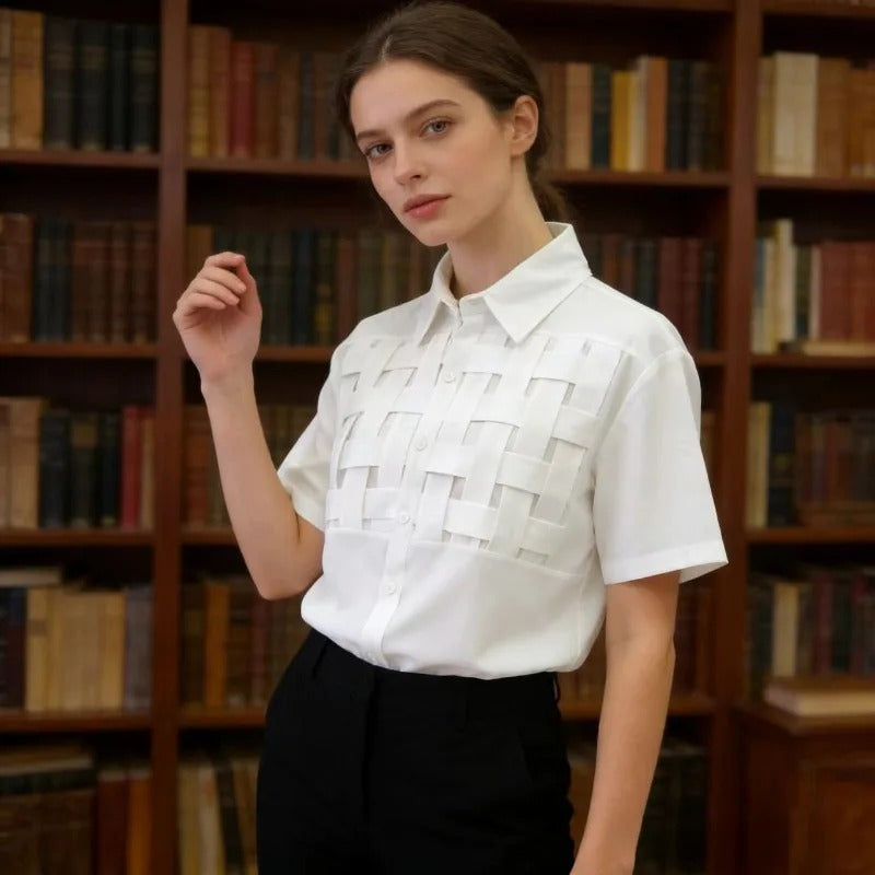 E-BAIHUI Short Sleeved Women's Shirt Woven Button Down White Shirts Summer Front Open Ladies Blouse