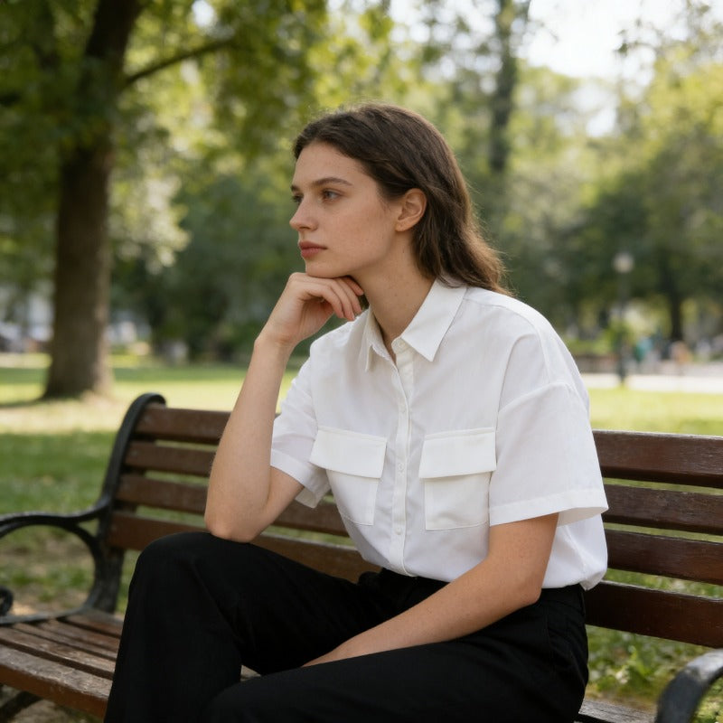 E-BAIHUI Short Sleeve Blouse Women White Lapel Casual Pockets Shirts Loose Basic Lady Top